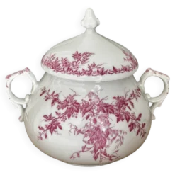 Superbe sucrier ancien en porcelaine fine décor floral vieux rose