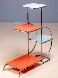 Support en acier Bauhaus par Emile Guyot, étagères en verre coloré, milieu du 20e siècle, Tchécoslovaquie, 90 × 30 × 105 cm