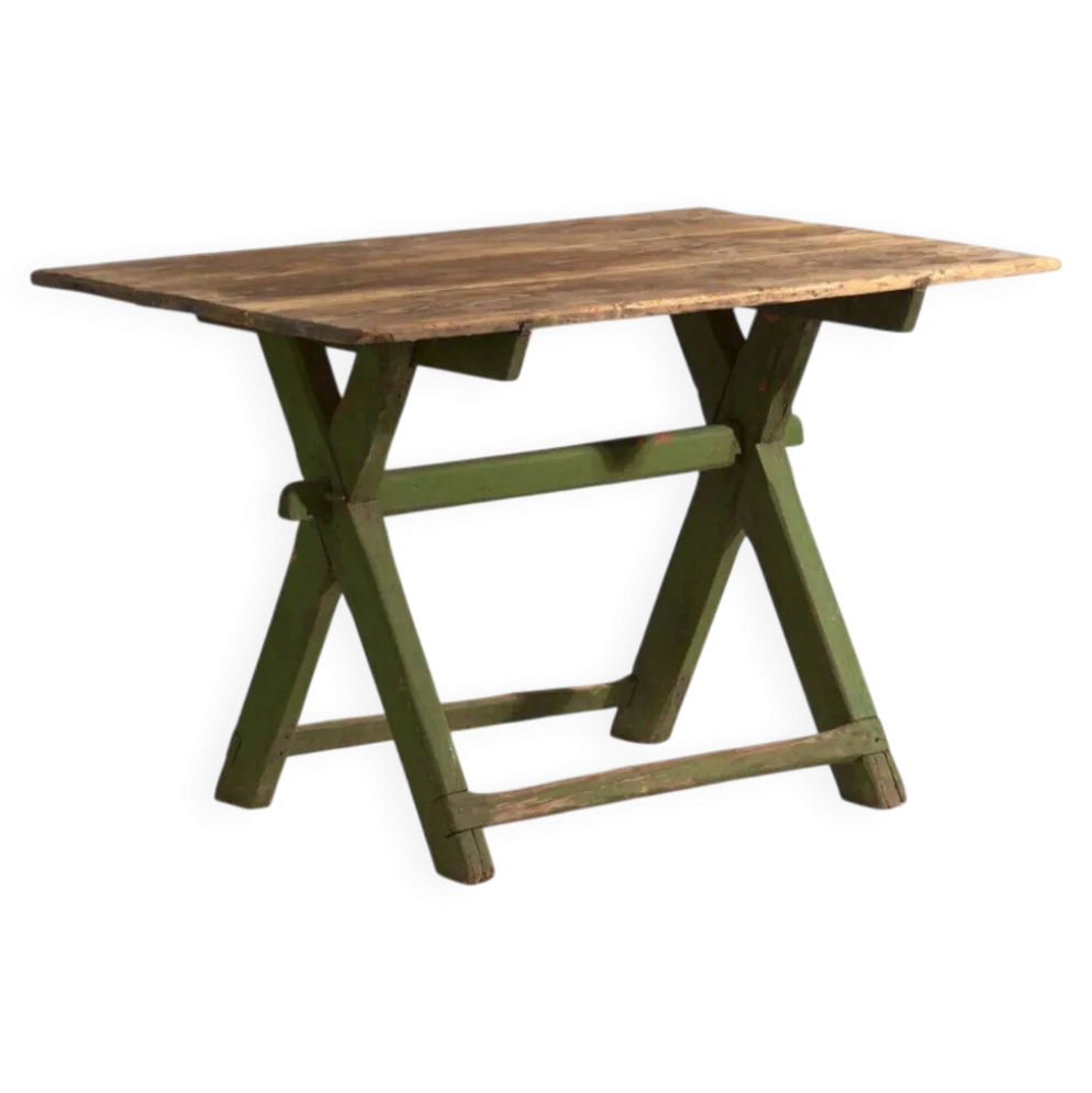 Table ancienne à tréteaux en bois de pin – Europe centrale, vers 1900
