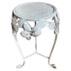 Table Appoint Guéridon Ancien Métal Blanc Décor Fleurs Vintage #E383