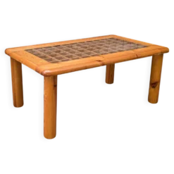 Table basse ajourée en pin et en verre, France, 1980