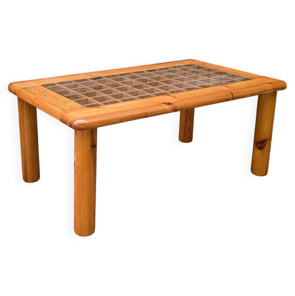 Table basse ajourée en pin et en verre, France, 1980