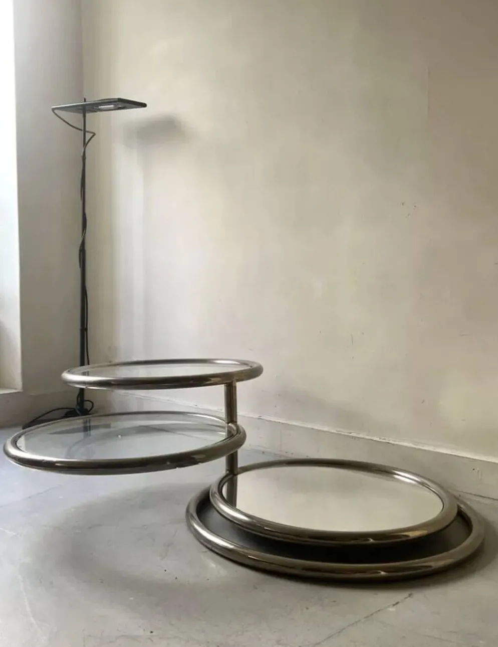 Table basse amovible en chrome, verre & miroir Milo Baughman, design 1970