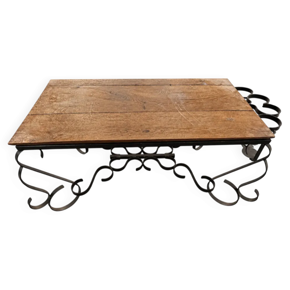 Table basse ancienne en bois massif avec porte-bouteilles intégrés