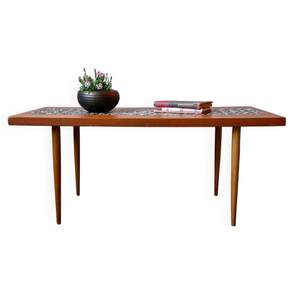 Table basse années 70 piétement fuseau teck et mosaïque céramique
