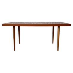 Table basse années 70 piétement fuseau teck et mosaïque céramique
