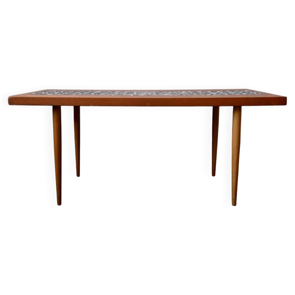 Table basse années 70 piétement fuseau teck et mosaïque céramique