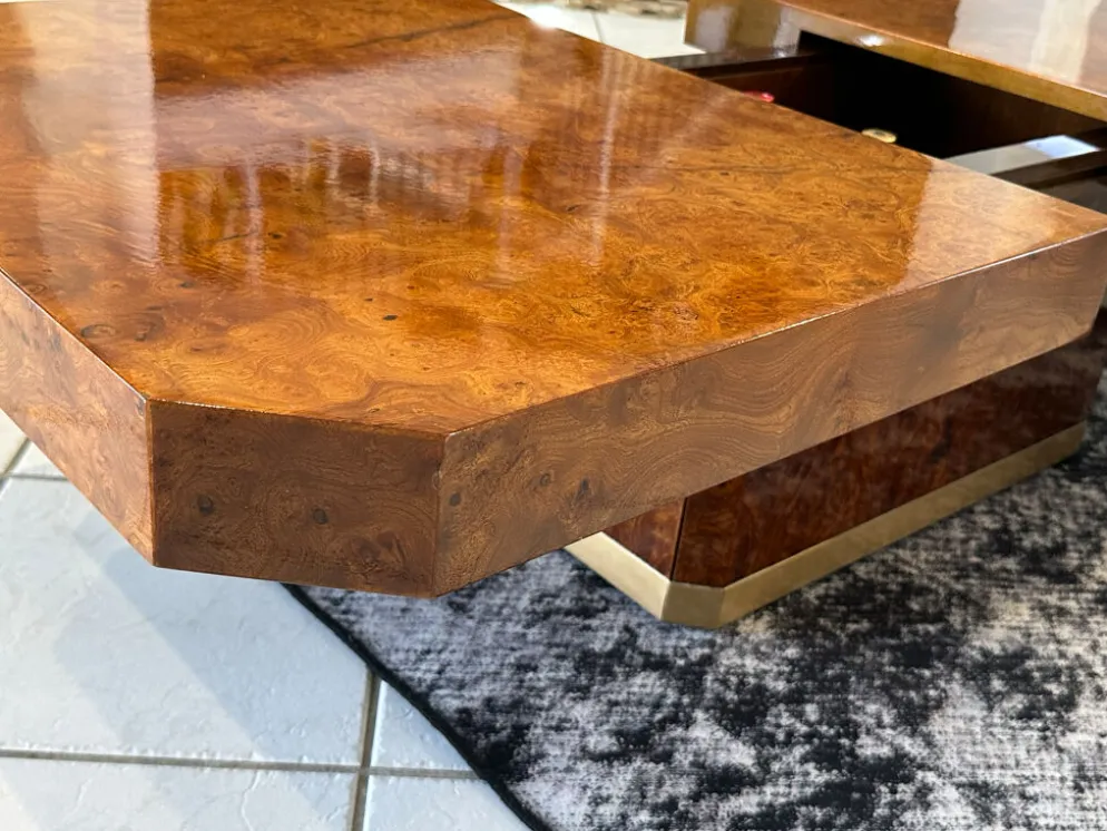 Table basse bar en Loupe d’orme maison Lancel vintage 1970