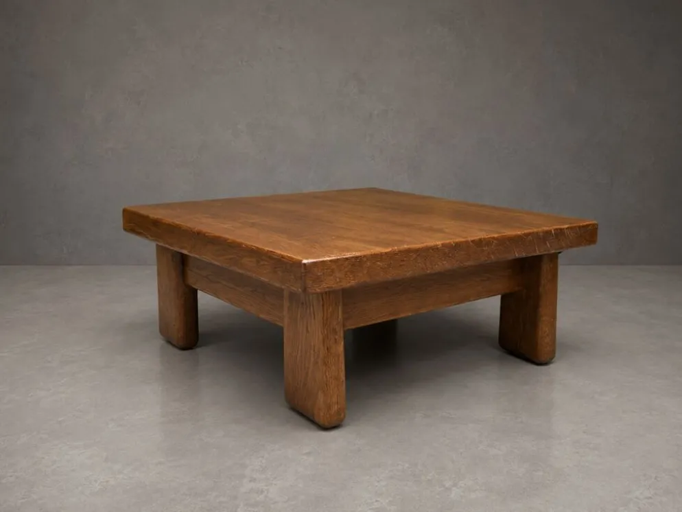 Table basse / bout de canapé brutaliste en chêne – Années 70