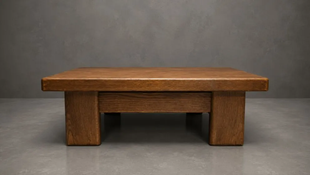 Table basse / bout de canapé brutaliste en chêne – Années 70