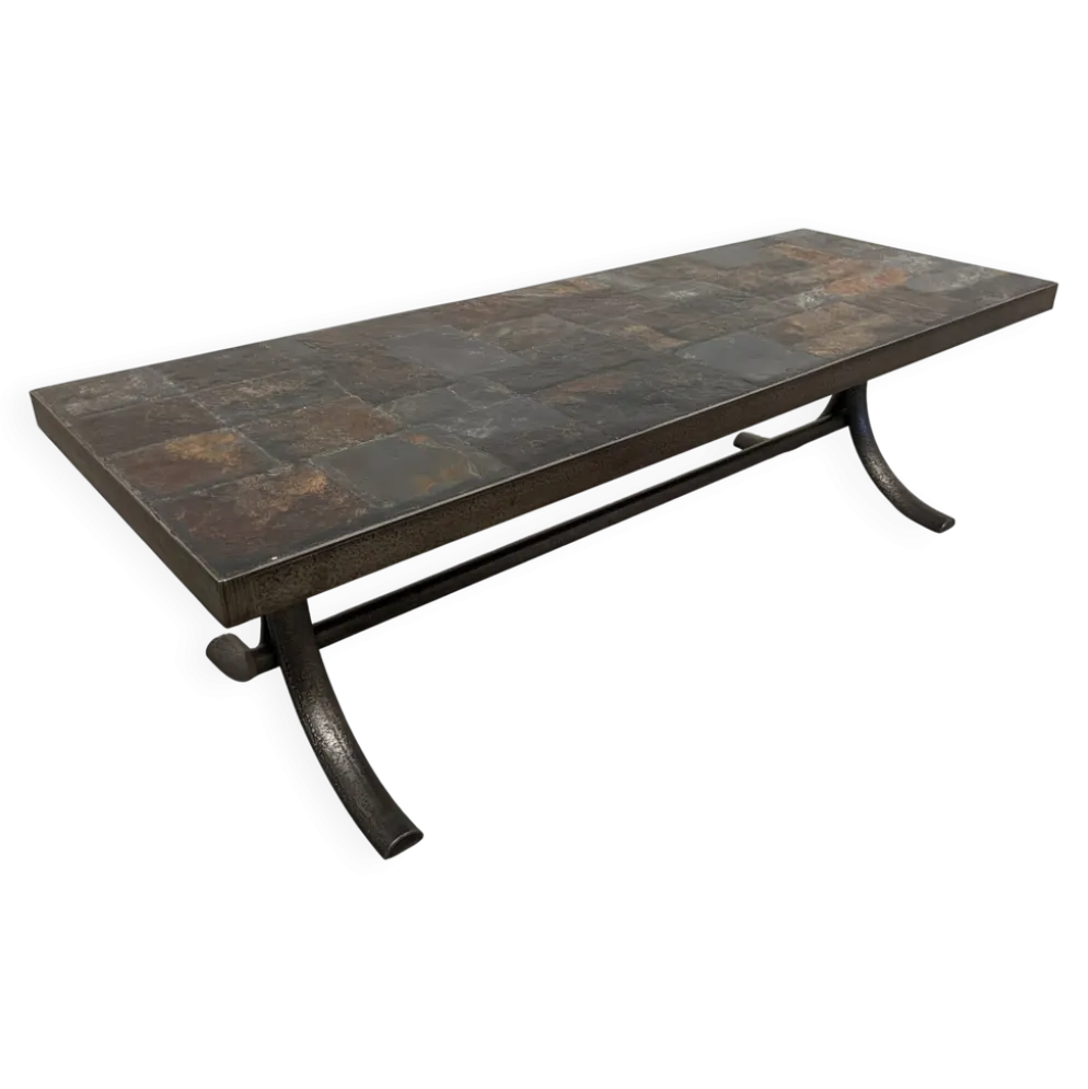 Table basse brutaliste en pierres naturelles et fer forgé, France vers 1960