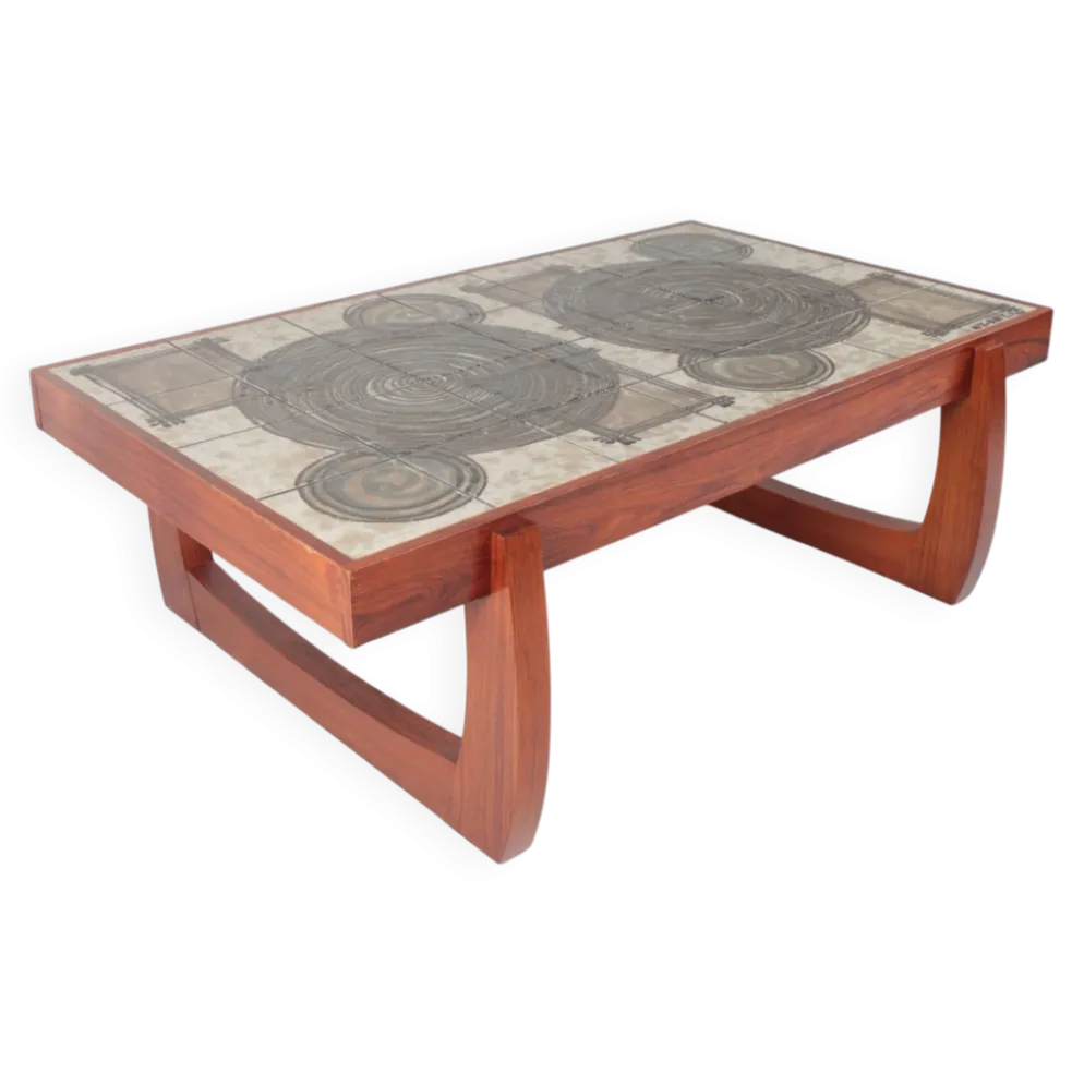 Table basse danoise en palissandre et céramique signée "Ox Art"