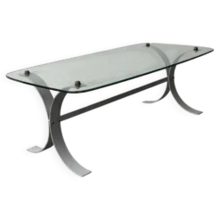 Table basse design en métal brossé et plateau en verre, années 1970