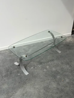 Table basse design en métal brossé et plateau en verre, années 1970