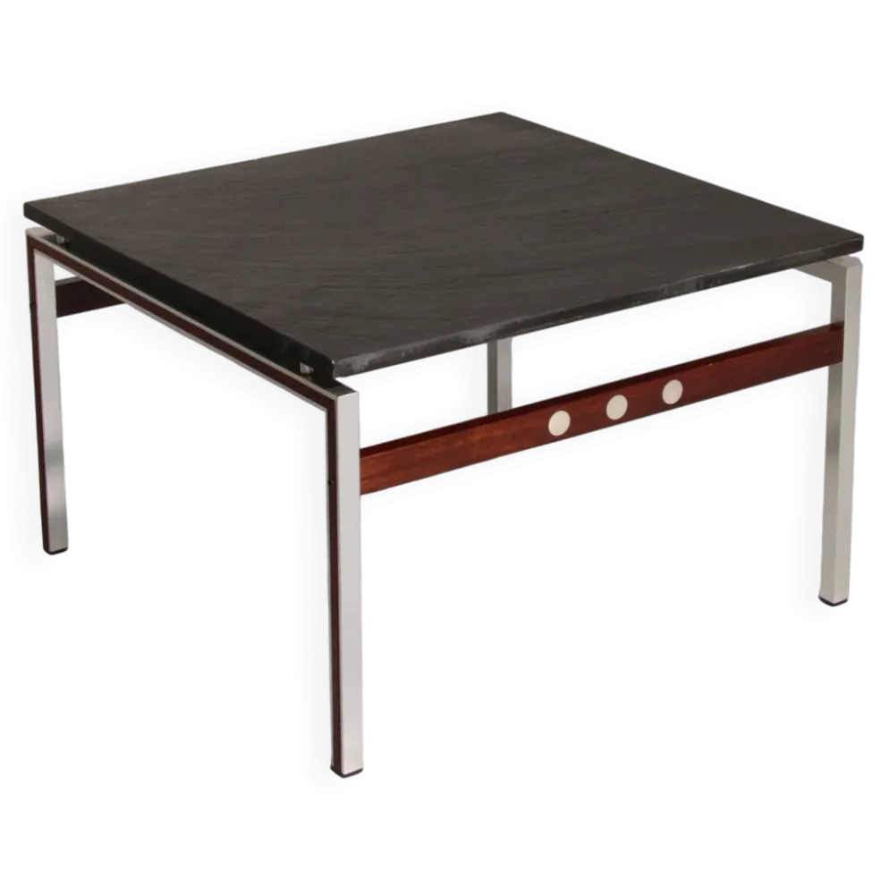 Table basse en ardoise, chrome et bois, 1970 Danemark