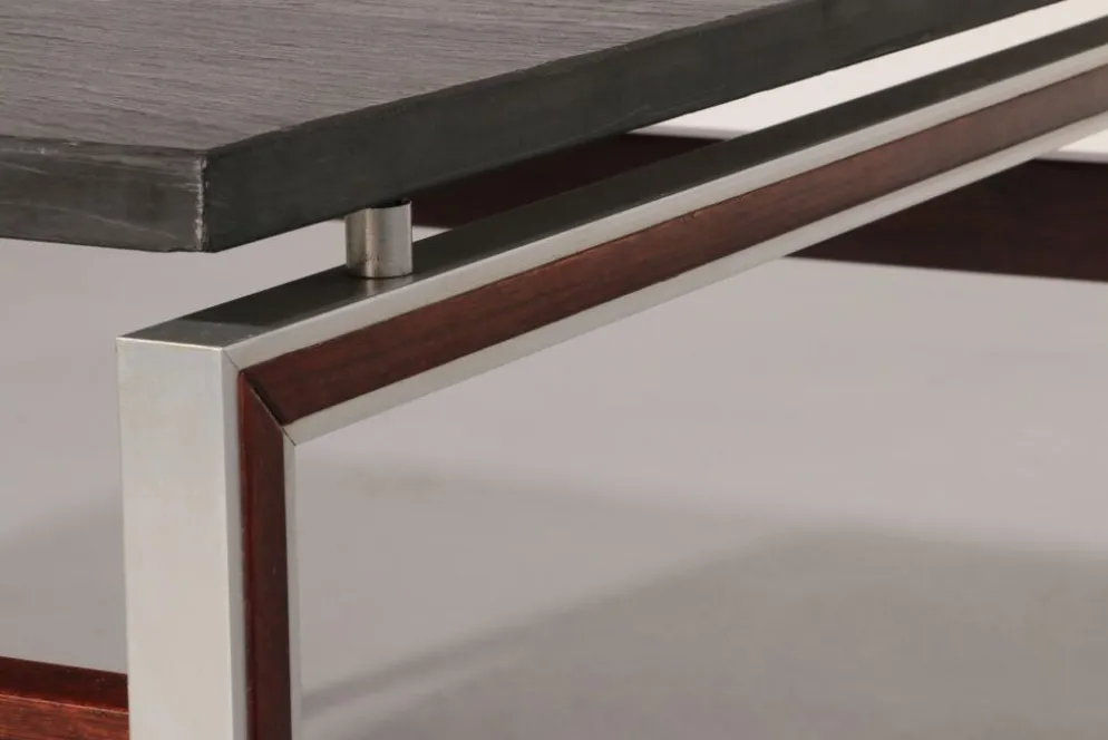 Table basse en ardoise, chrome et bois, 1970 Danemark