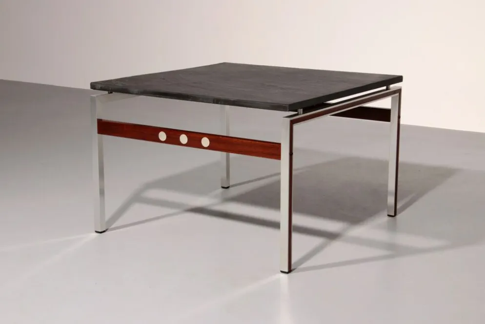 Table basse en ardoise, chrome et bois, 1970 Danemark