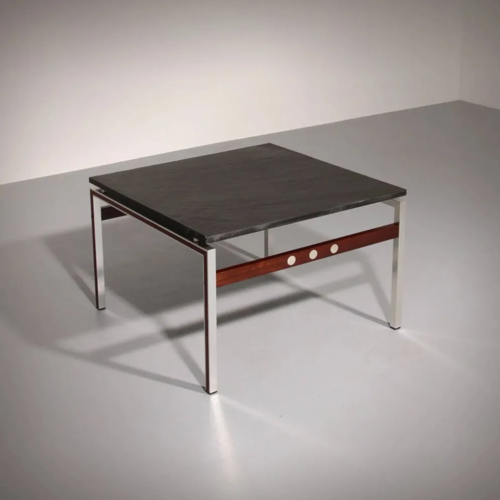Table basse en ardoise, chrome et bois, 1970 Danemark