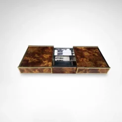 Table basse en bois de bouleau et métal en laiton avec bar intégré par Maison Lancel