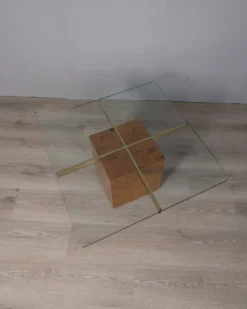 Table basse en bruyère et verre vintage des années 1970, design italien.