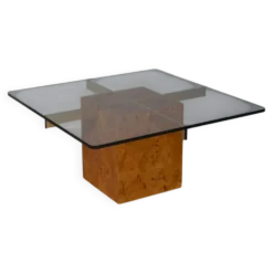Table basse en bruyère et verre vintage des années 1970, design italien.