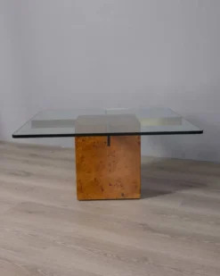 Table basse en bruyère et verre vintage des années 1970, design italien.