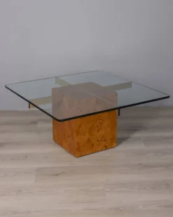 Table basse en bruyère et verre vintage des années 1970, design italien.