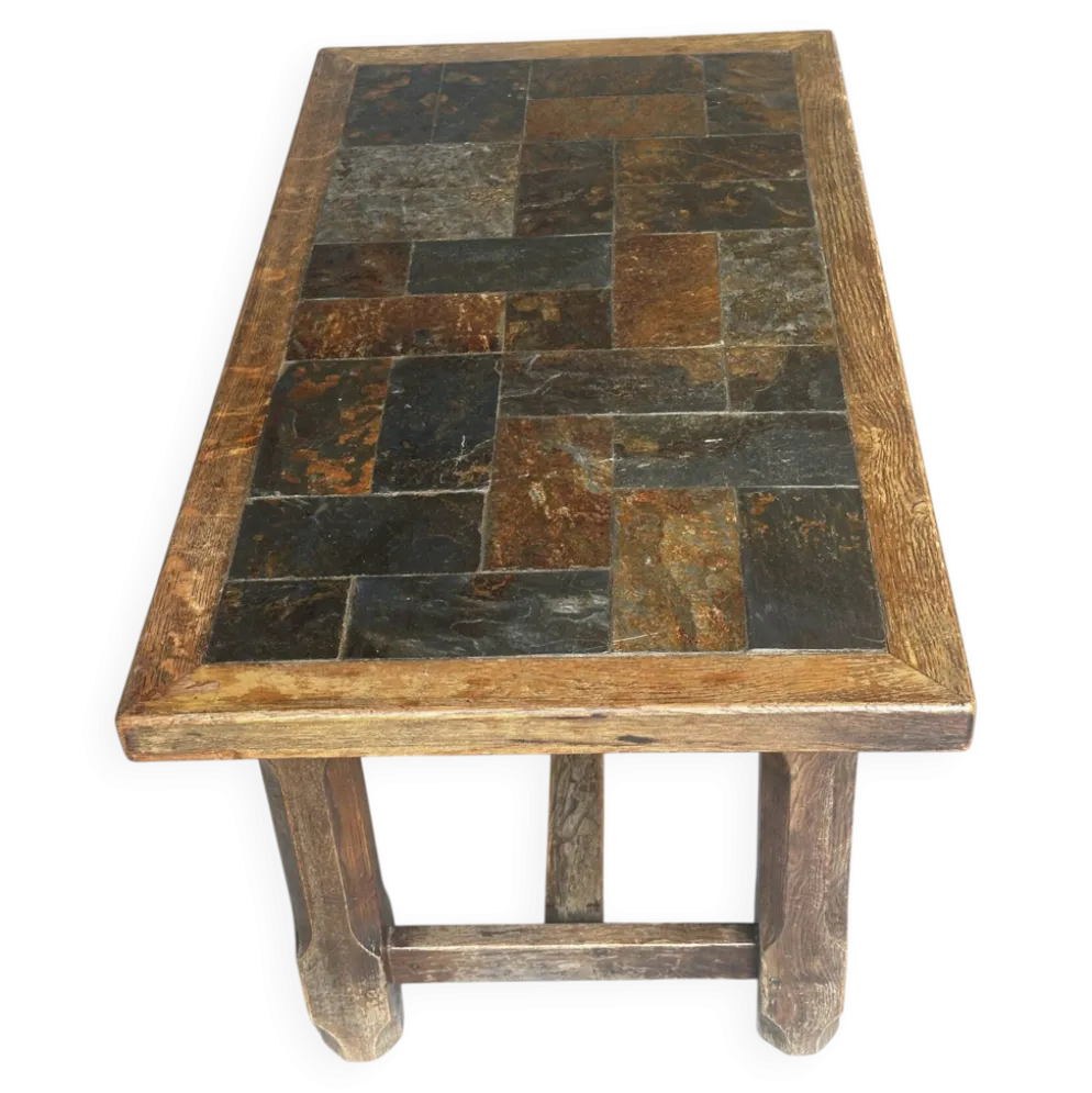 Table basse en chêne et ardoise – années 60-70
