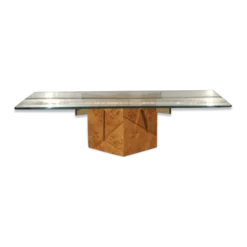 Table basse en loupe d'orme et verre trempé par Jean-Claude Mahey pour Roche Bobois