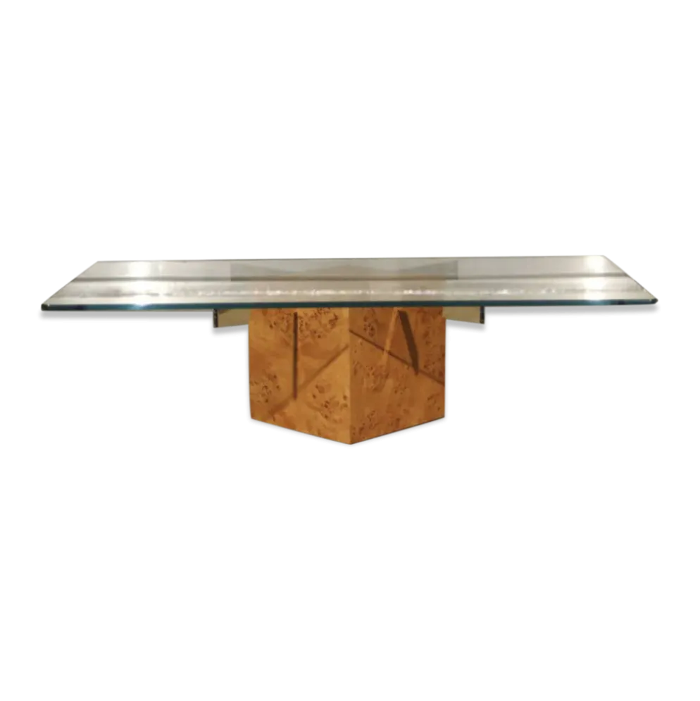 Table basse en loupe d'orme et verre trempé par Jean-Claude Mahey pour Roche Bobois