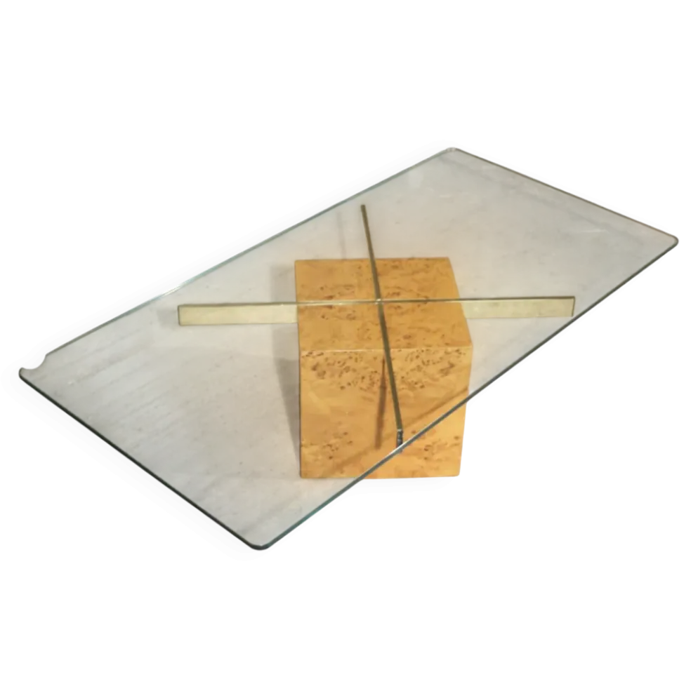 Table basse en loupe d'orme et verre trempé par Jean-Claude Mahey pour Roche Bobois