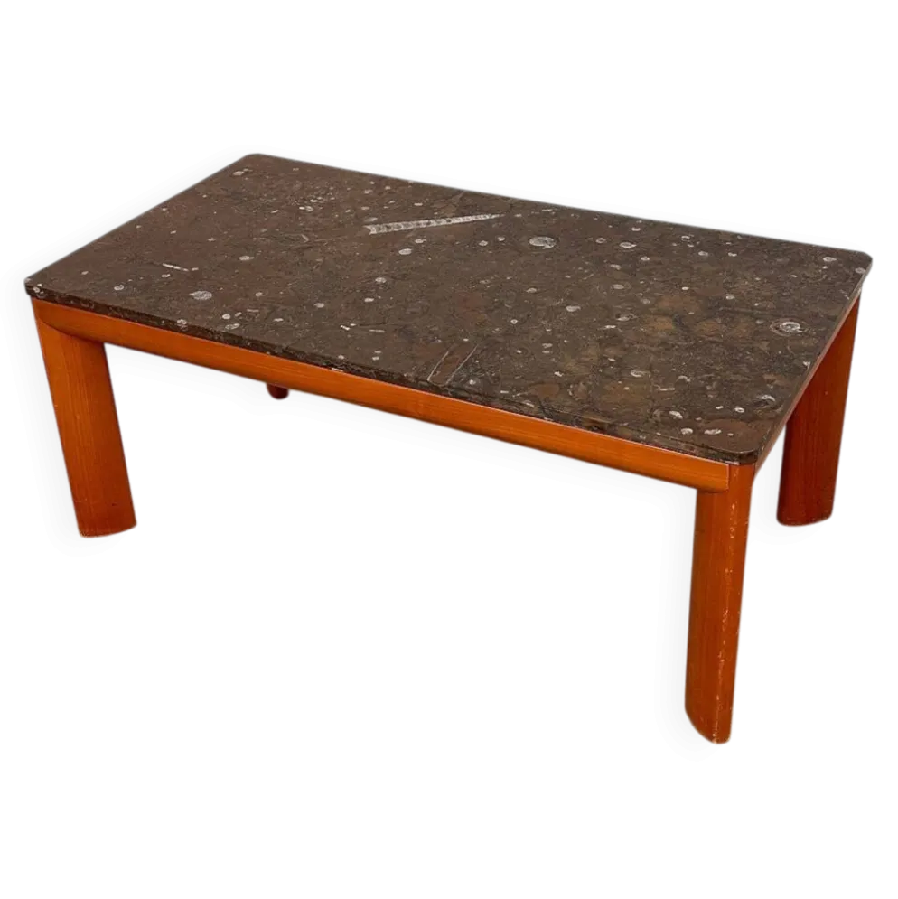 Table basse en marbre fossilisé moderniste des années 1970 avec base en bois