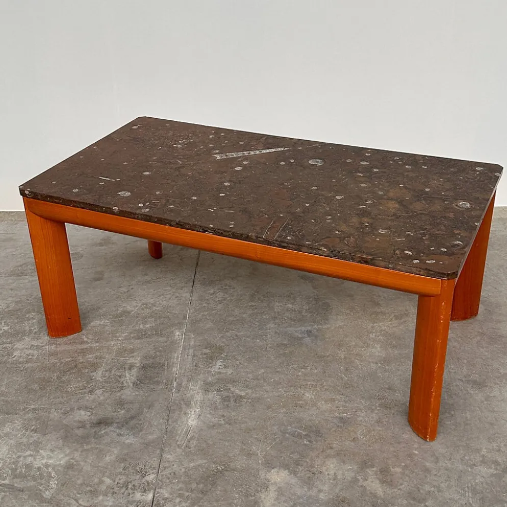 Table basse en marbre fossilisé moderniste des années 1970 avec base en bois