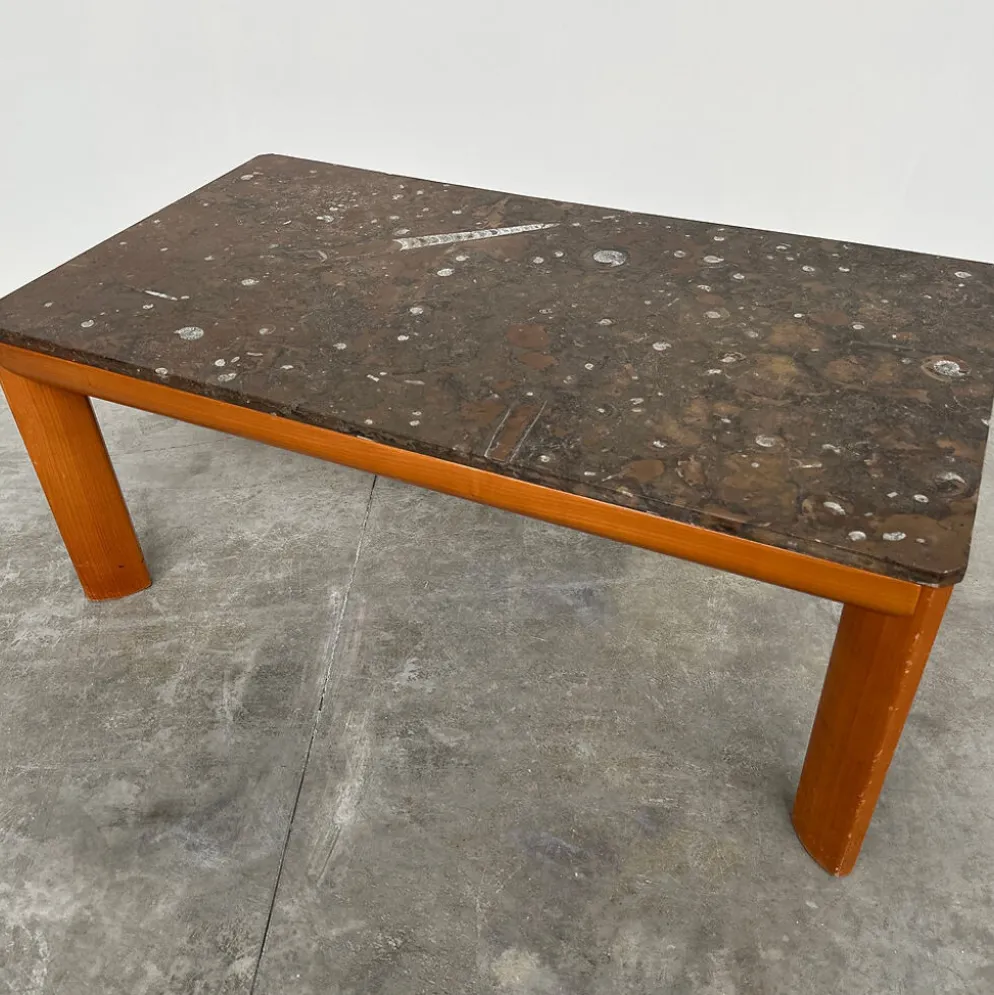 Table basse en marbre fossilisé moderniste des années 1970 avec base en bois