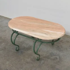Table basse en marbre rose vintage et fer forgé vert, années 1970