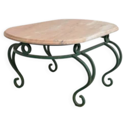 Table basse en marbre rose vintage et fer forgé vert, années 1970