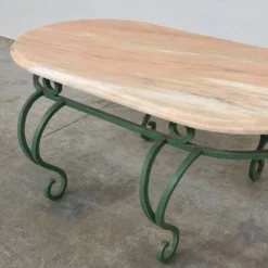 Table basse en marbre rose vintage et fer forgé vert, années 1970