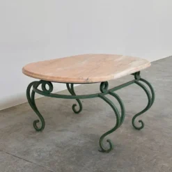 Table basse en marbre rose vintage et fer forgé vert, années 1970