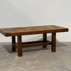 Table basse en mosaïque de pierre brutaliste vintage – bois massif, années 1970