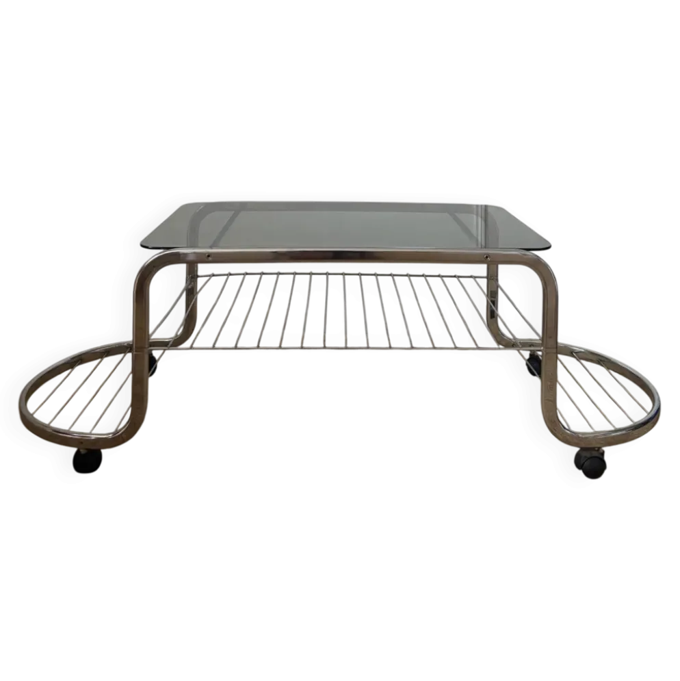 Table basse en métal et verre fumé 1970