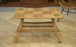 Table basse en rotin et céramique attribuée à Audoux Minet 1950’s