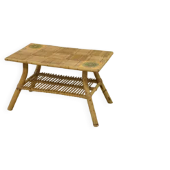 Table basse en rotin et céramique attribuée à Audoux Minet 1950’s
