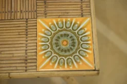 Table basse en rotin et céramique attribuée à Audoux Minet 1950’s