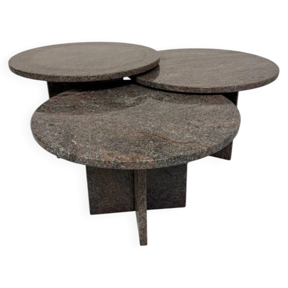 Table basse gigogne 3 éléments rond en granit design années 70 vintage