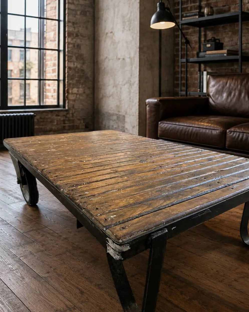 Table basse industrielle : chariot de mine, plateau bois patiné, carrières