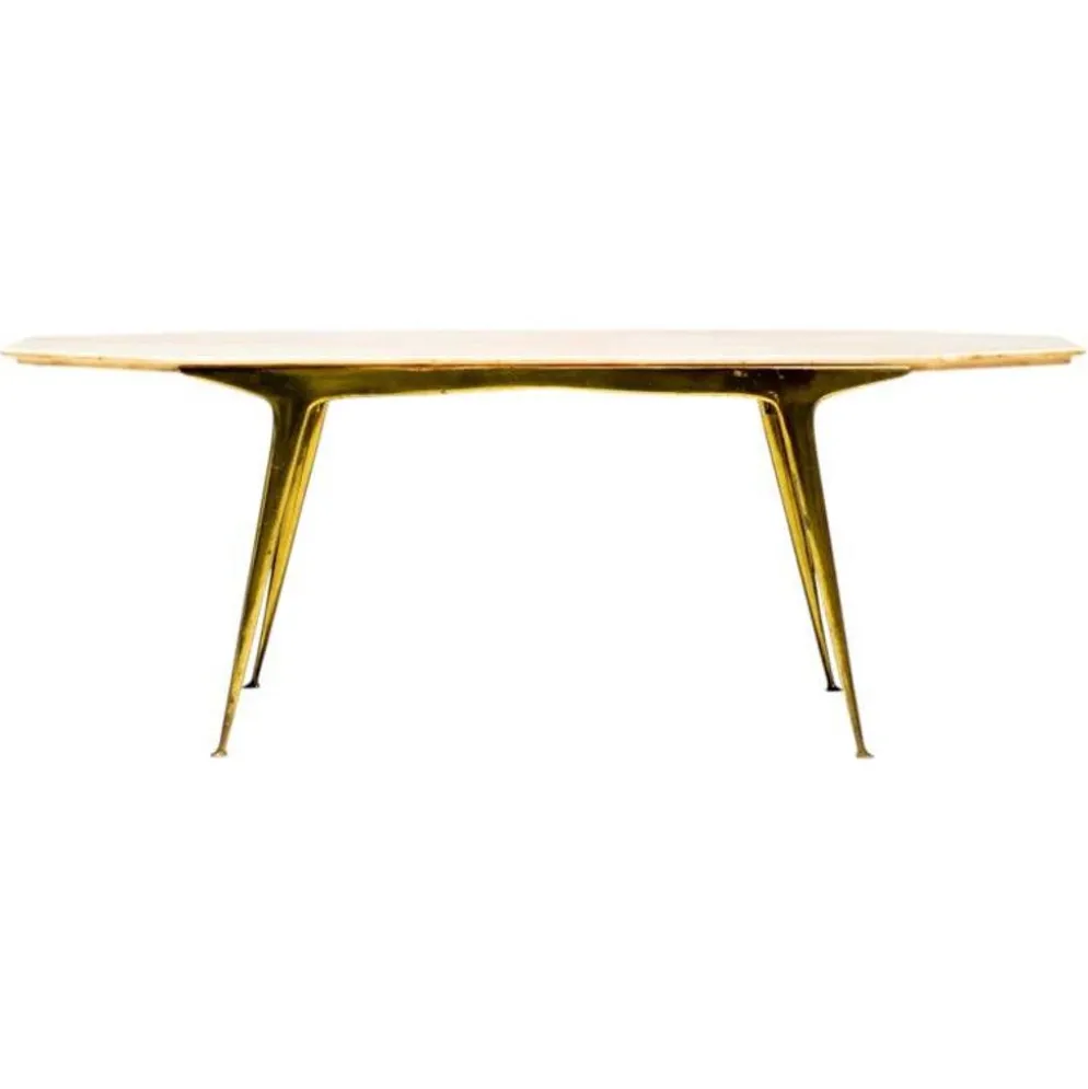 Table basse italienne élégante Carlo Di Carli avec base en laiton et plateau en marbre, 1950.