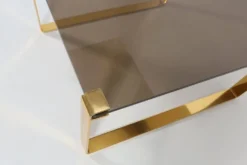 Table basse moderne du milieu du siècle avec base plaquée or et plateau en verre, années 1970.