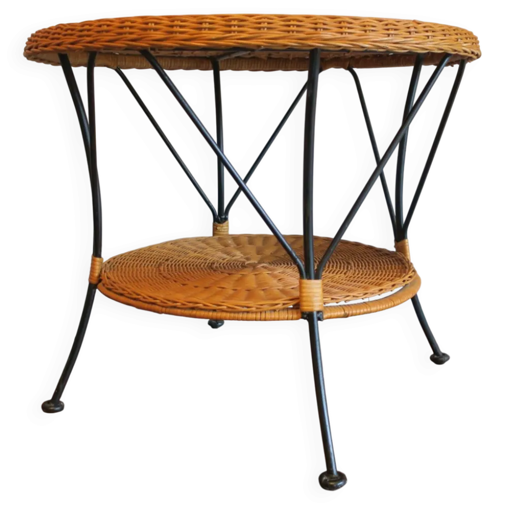 Table basse ou à vin en bambou et fer à deux niveaux des années 1960.
