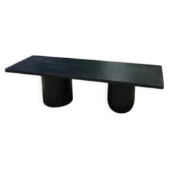 Table basse rectangle en bois teinté noir pied boule et cylindrique.