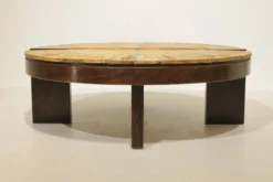 Table basse ronde herbier Roger Capron, Vallauris - céramique et structure en bois
